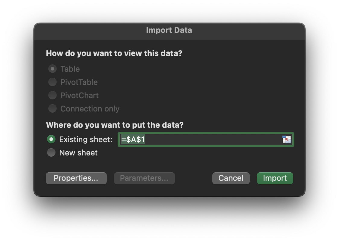 Excel import preview with the Import button