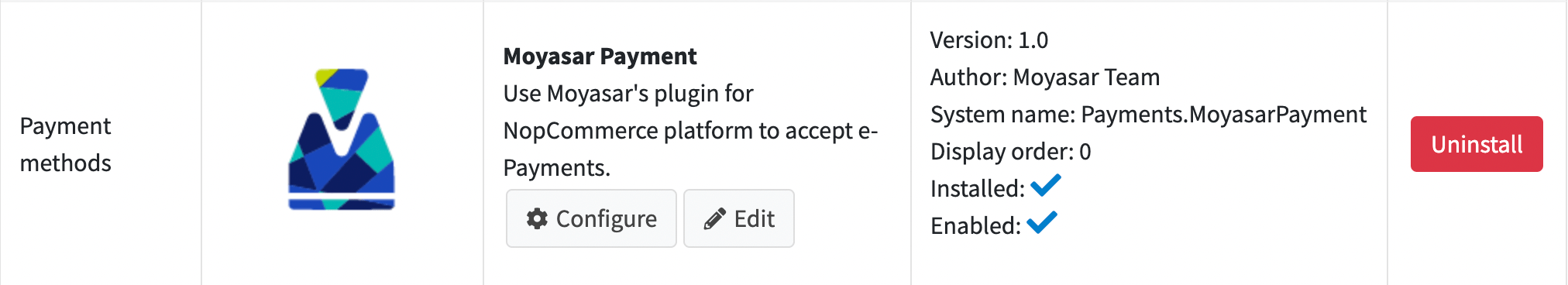 Moyasar Payment plugin in the nopCommerce Payment Methods list