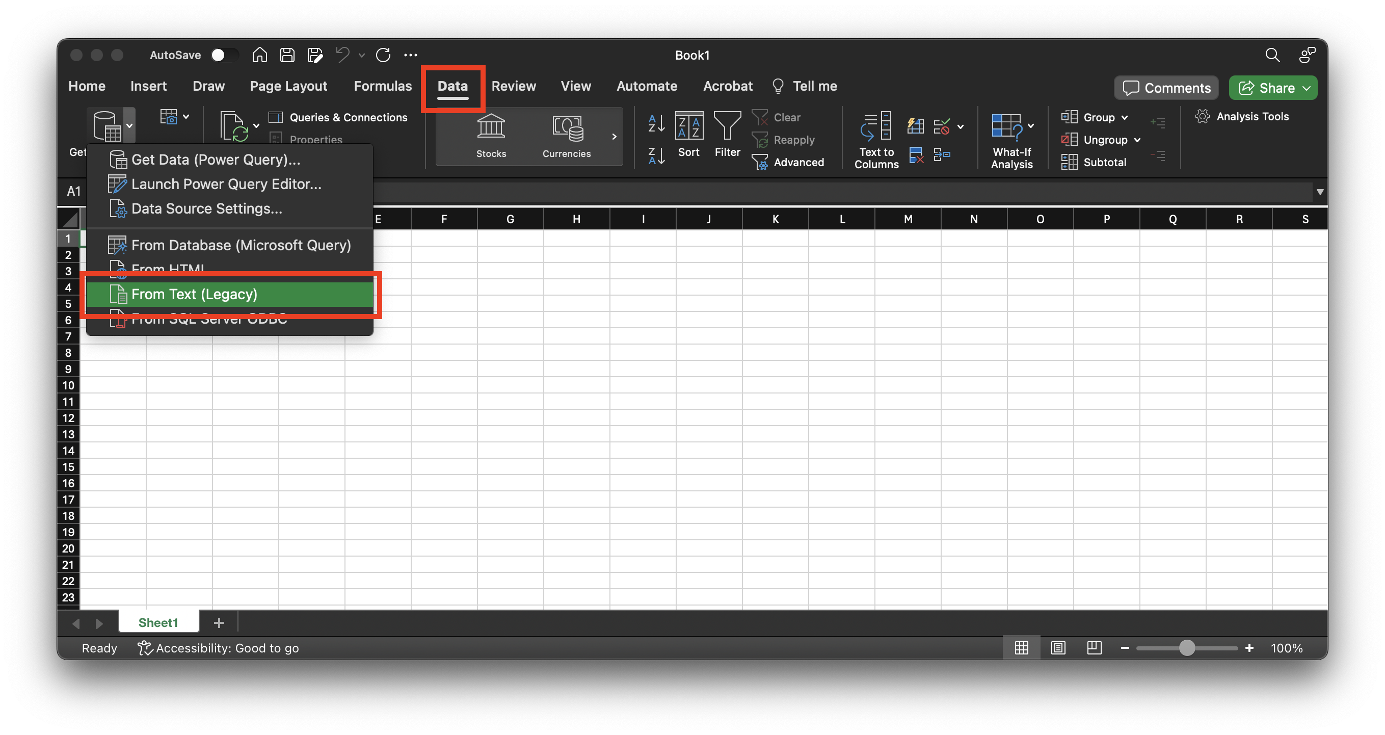Excel Data menu showing Get Data then From Text