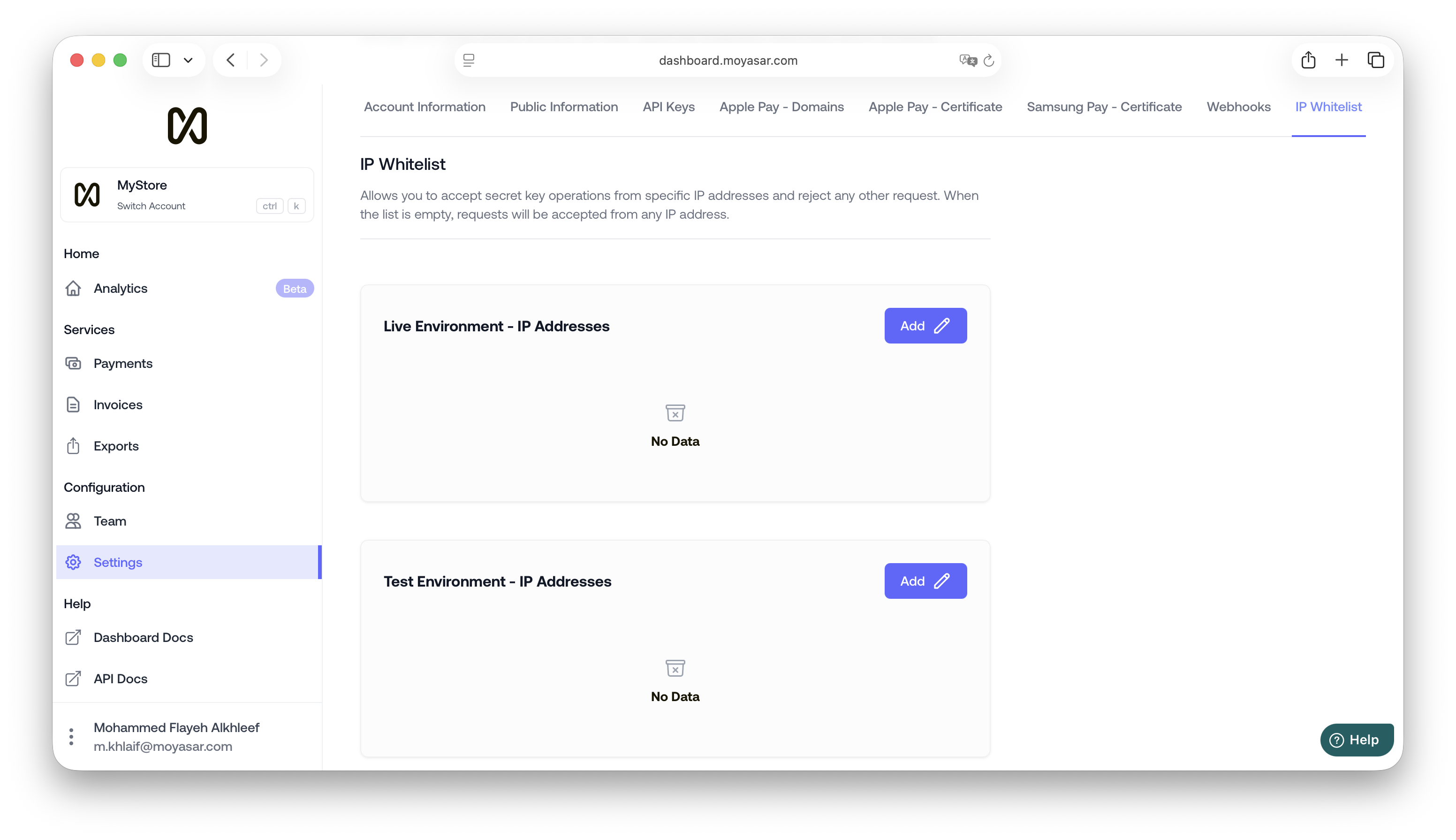 IP Whitelist tab in the Moyasar dashboard settings