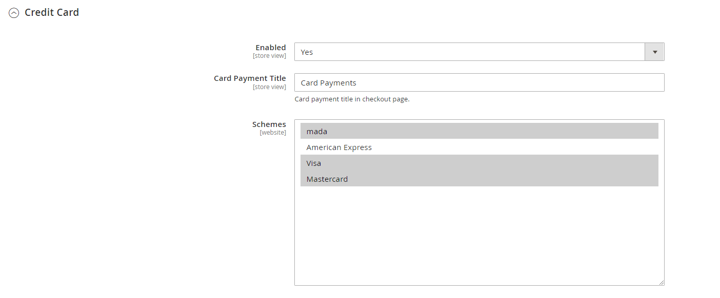 Magento 2 Credit Card method settings with card schemas selected