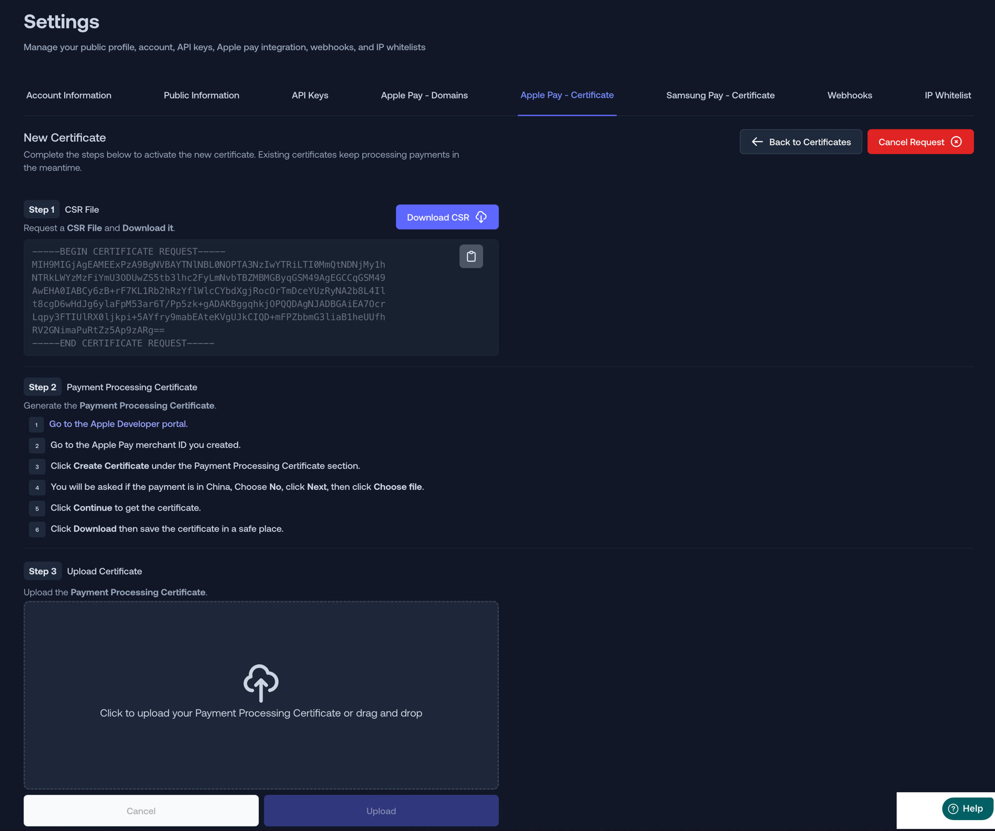 New Certificate page with the CSR file ready to download