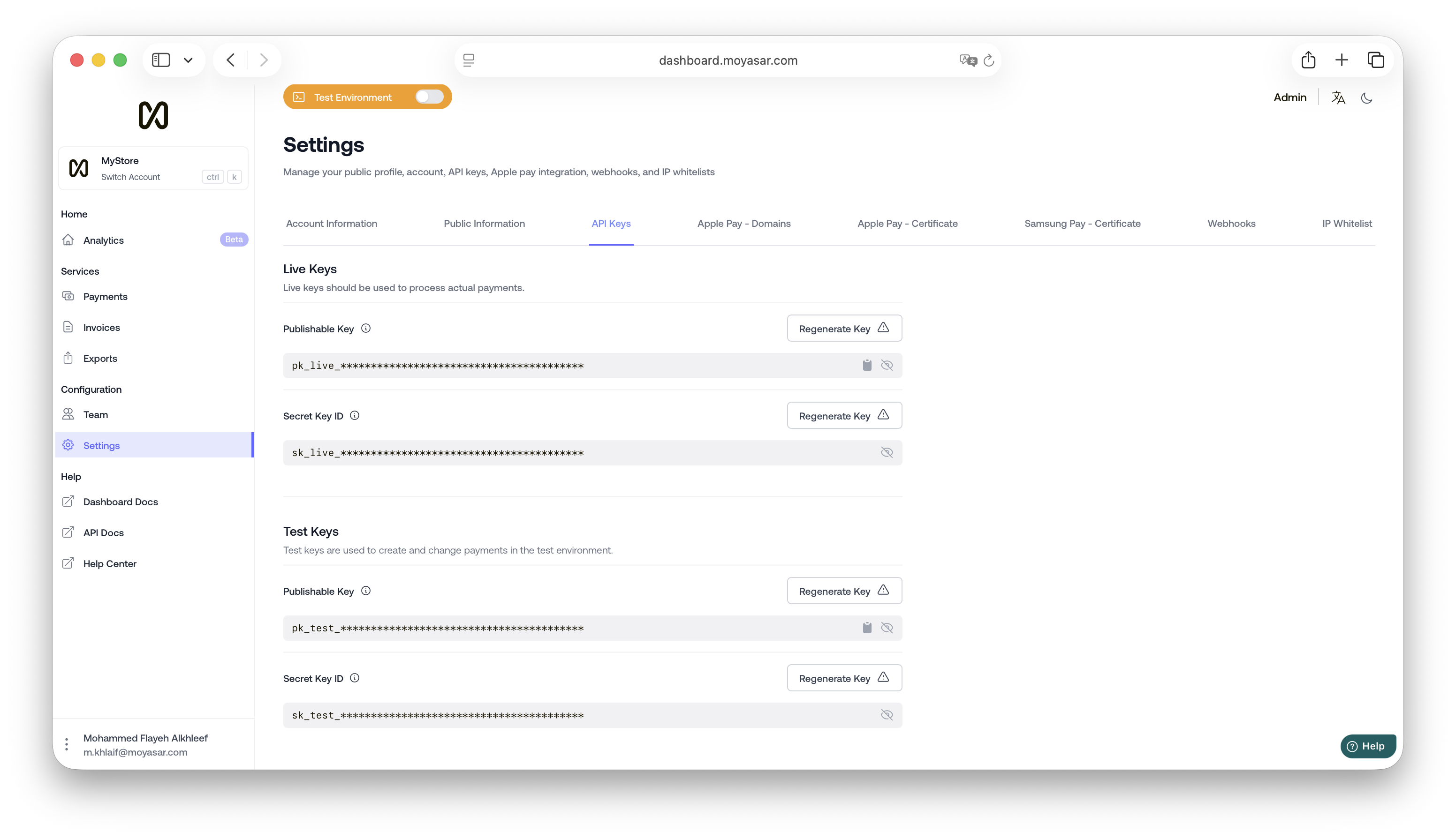 API Keys Moyasar Dashboard API Key settings