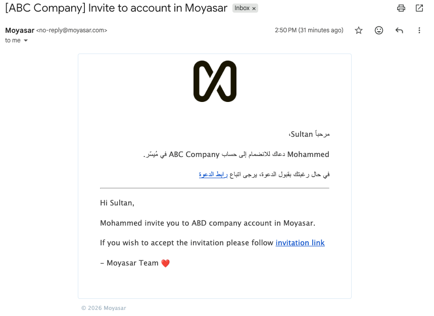 Invitation email Invitation email received by the new member