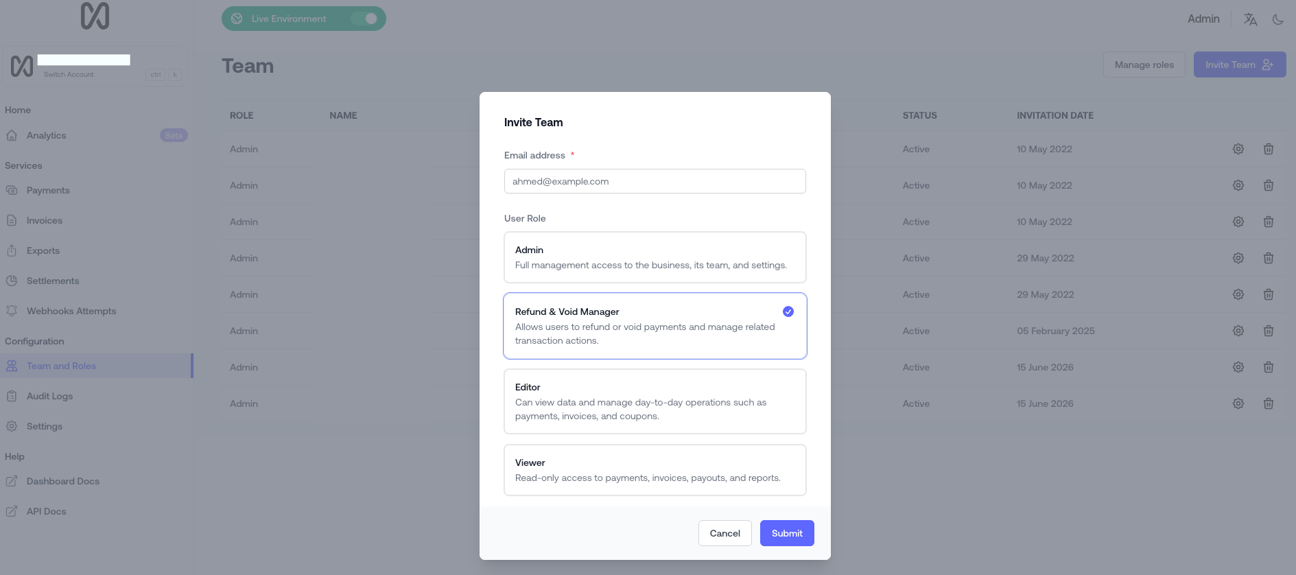 Invite a member Invite Team dialog with email and role selection