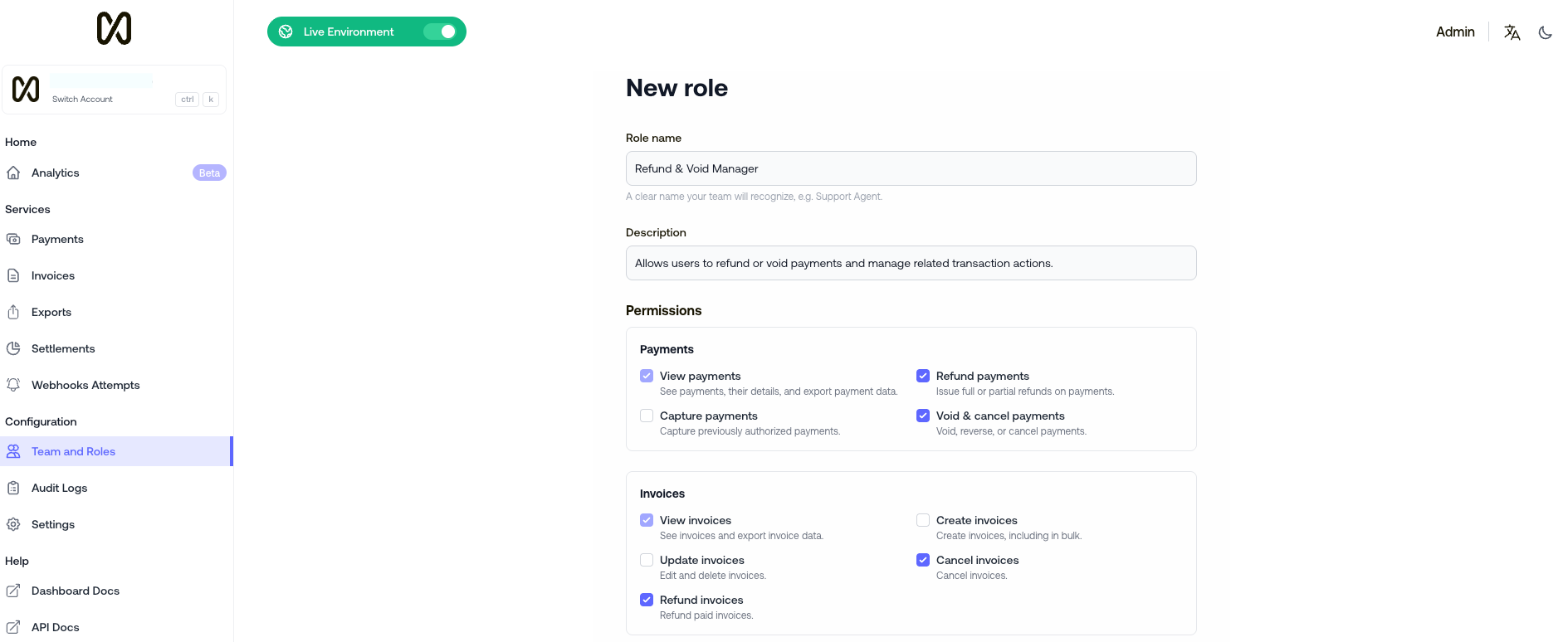 New role Creating a new role with selected permissions