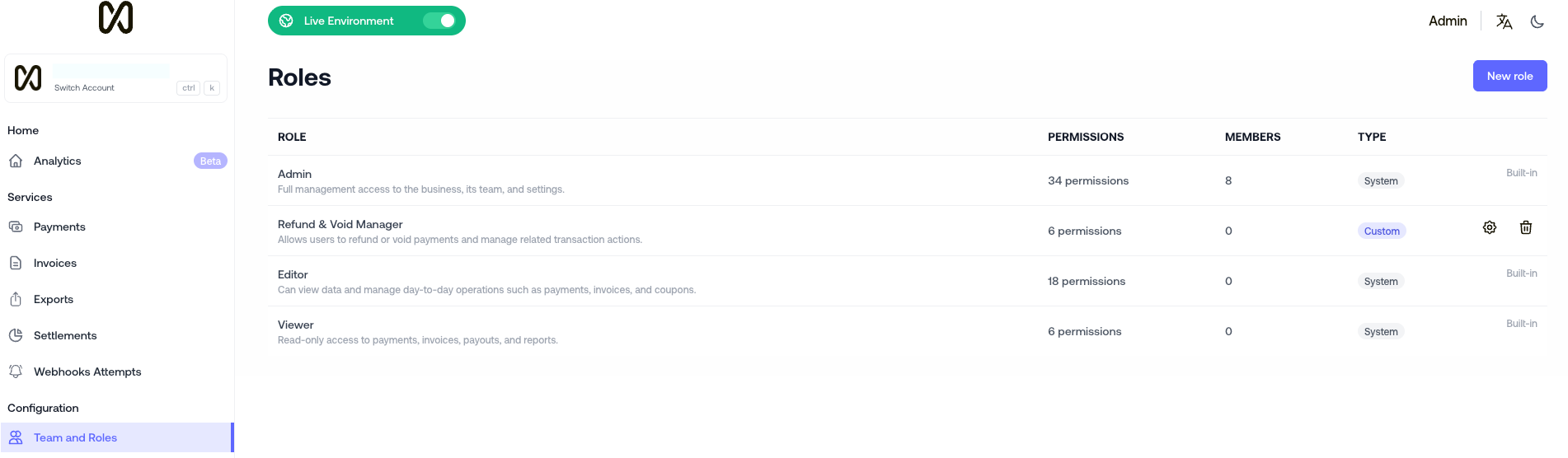 Roles screen Roles screen listing roles and their permissions