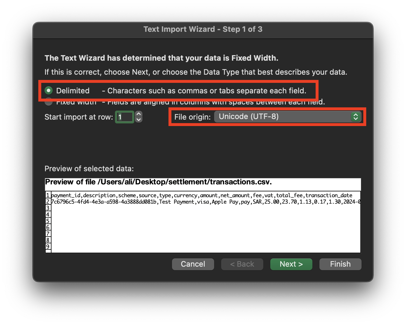 Excel import wizard with Delimited selected and File Origin set to Unicode UTF-8