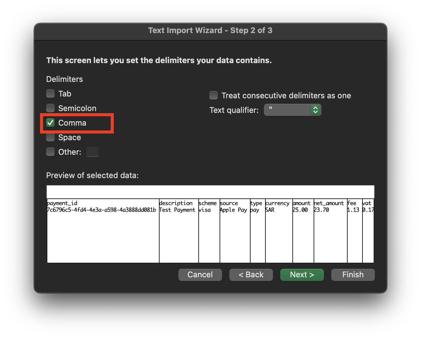 Excel import wizard with the Comma delimiter selected